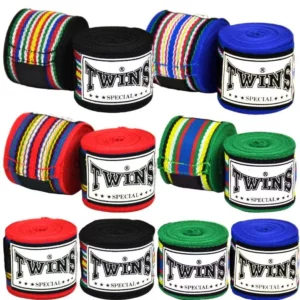 Les Twins CH-2 sont fabriqués en coton non élastiques avec des trous pour les pouces afin d'envelopper facilement les mains ou la paume. Conçu en utilisant des bandages à rayures colorées pour le nouveau style de Twins d'une longueur de 5 mètres.